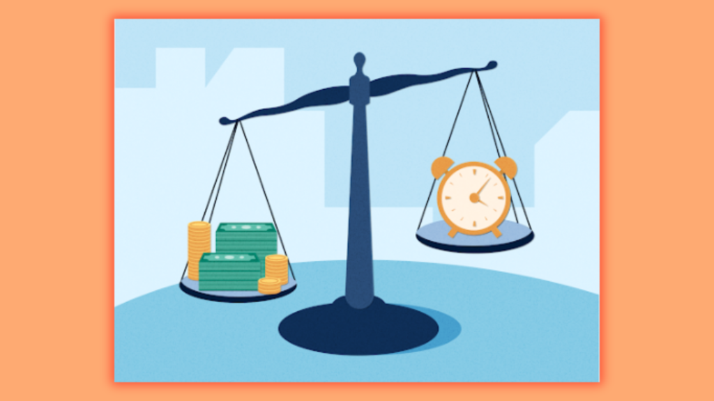 a manual scale showing the weighing of money and time