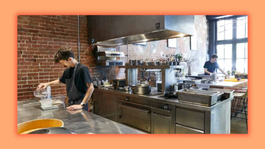 a image of a boy in the restaurant kitchen 