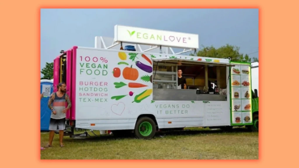 a image of food truck of eganlove 100% vegan food 