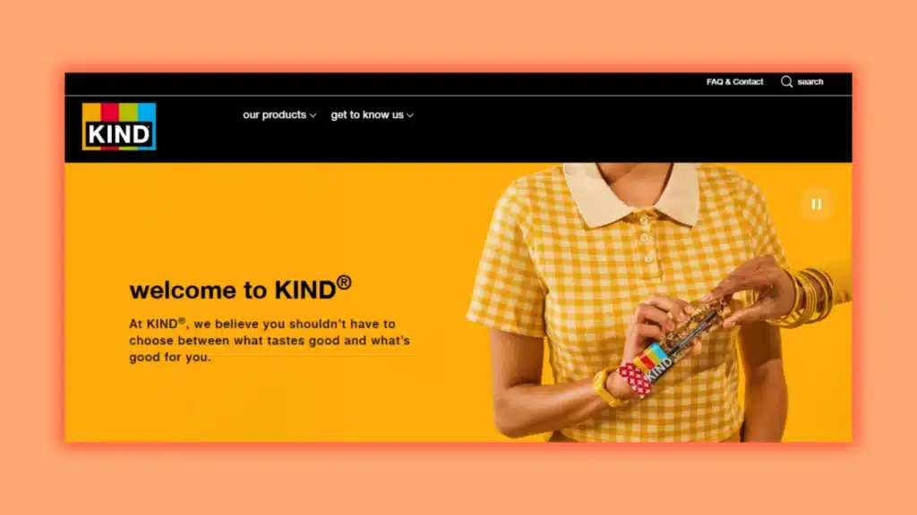 a screenshot of the homepage of the snack bar company called KIND
