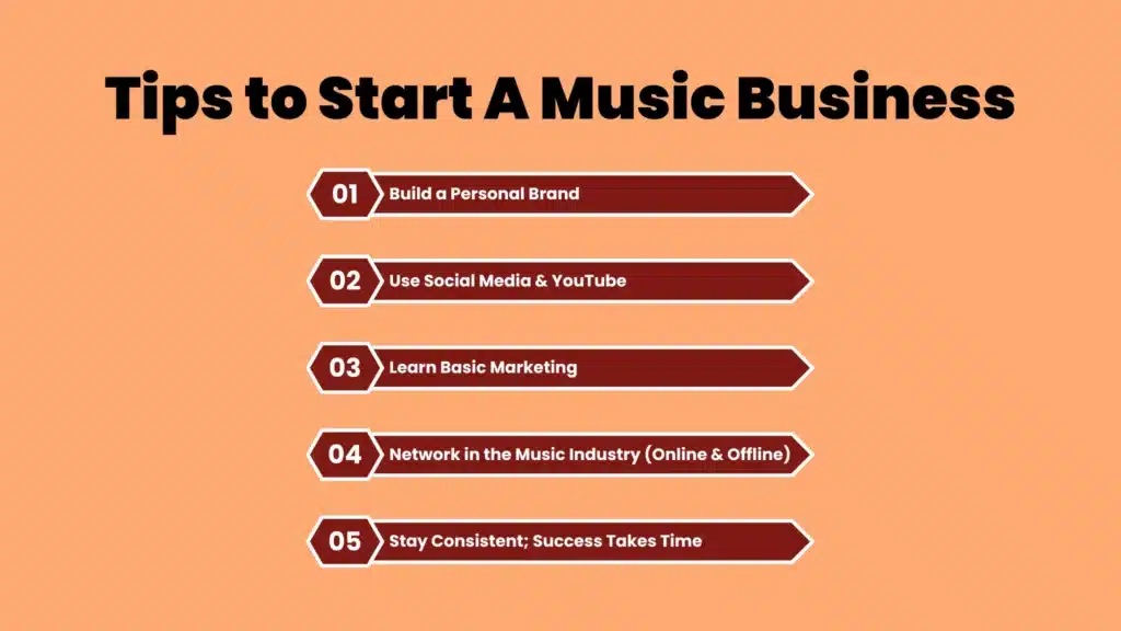 an infographic showing tips to start a music business 
