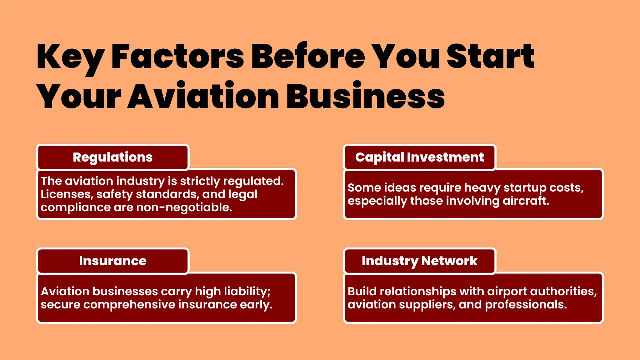an infographic showing a list of factors that a business owner must consider before starting an aviation business