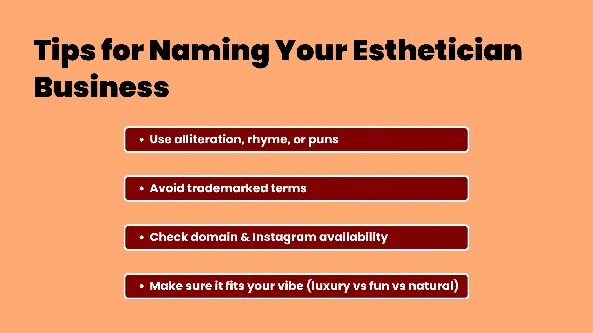 an infographic showing a list of Tips for Naming Your Esthetician Business