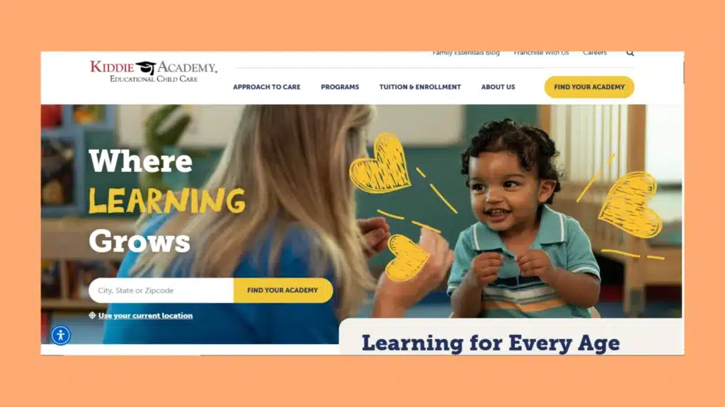 an image showing the homepage of Kiddie Academy