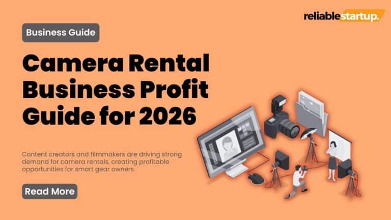 Featured banner for a business guide titled Camera Rental Business Profit Guide for 2026 by Reliable Startup, featuring isometric illustrations of cameras, lighting gear, and a production crew