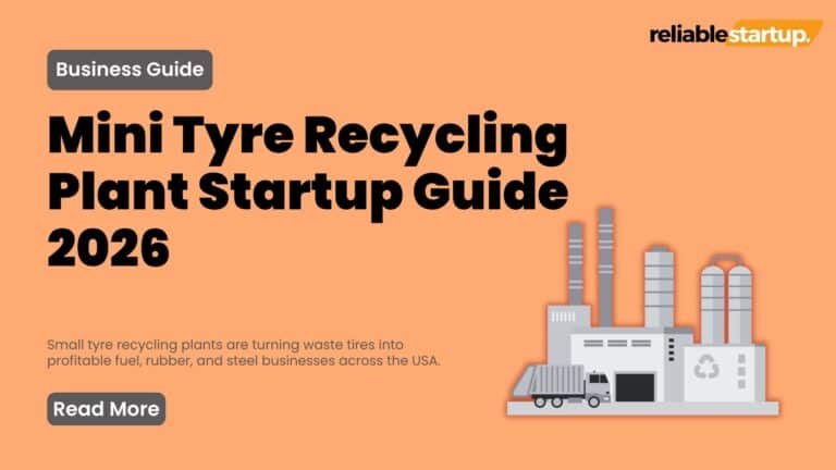 Promotional banner for a business guide titled Mini Tyre Recycling Plant Startup Guide 2026, featuring an illustration of an eco-friendly industrial recycling facility and a delivery truck.