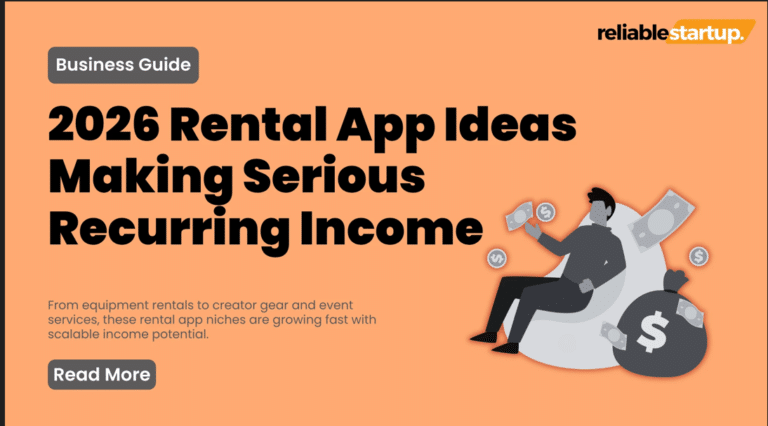 Rental App Business Ideas 2026 featuring car rental, vacation rental, equipment rental, and peer-to-peer rental app models