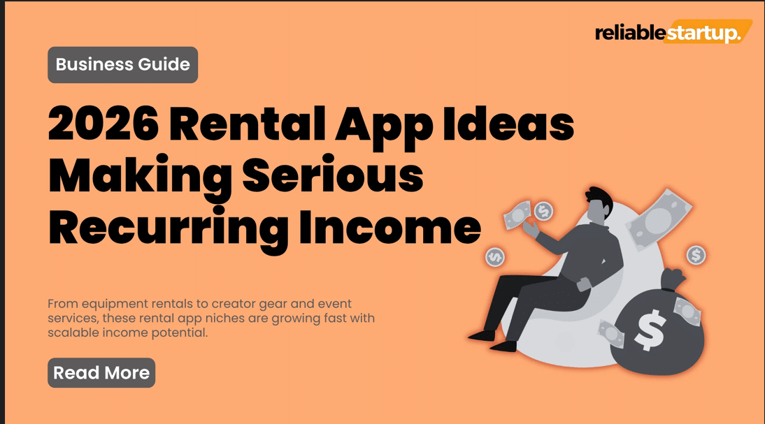 Rental App Business Ideas 2026 featuring car rental, vacation rental, equipment rental, and peer-to-peer rental app models