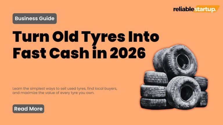 Promotional banner for a business guide titled Turn Old Tyres Into Fast Cash in 2026, showing a stack of used car tyres on an orange background.