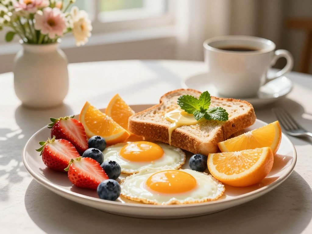 A breakfast plate with eggs, fruit, and whole grain toast