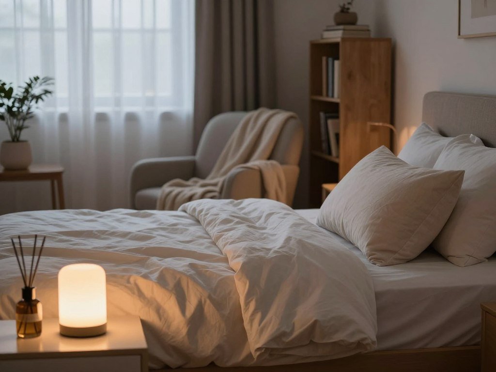 A calm bedroom shows evening choices that support better sleep