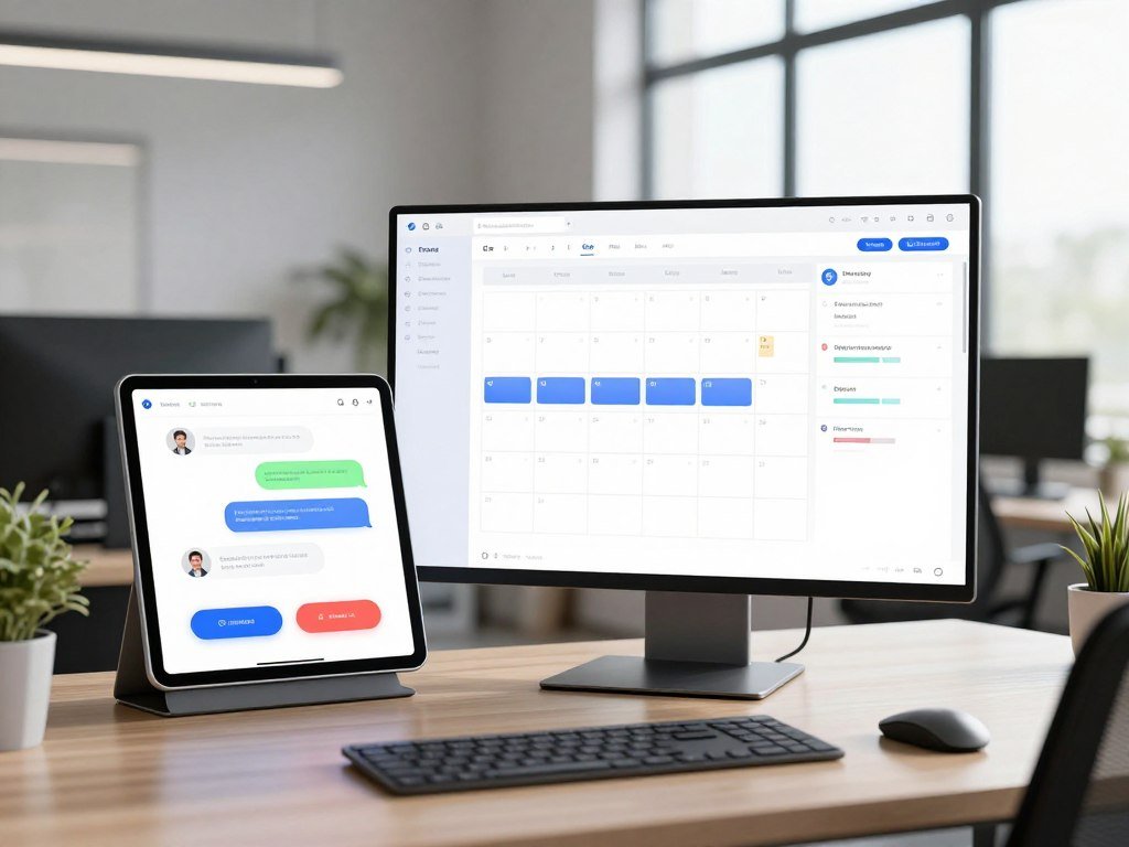 A chatbot draft beside an assistant workflow in a calendar app A chatbot draft beside an assistant workflow in a calendar app