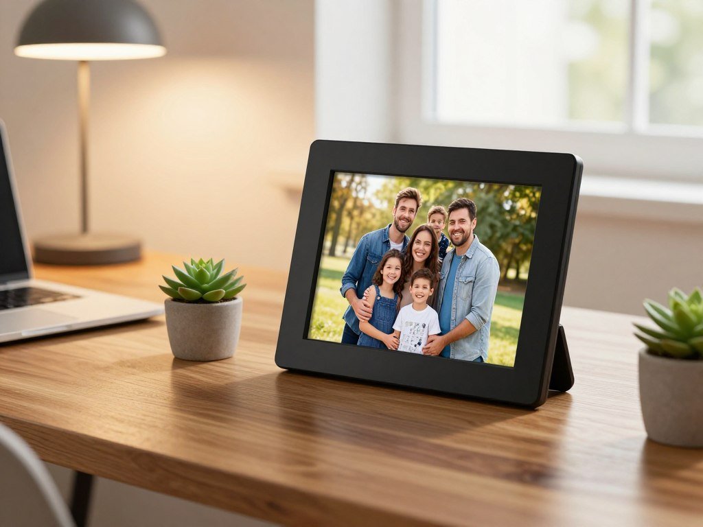 A compact Aura Carver Smart digital picture frame on a desk A compact Aura Carver Smart digital picture frame on a desk