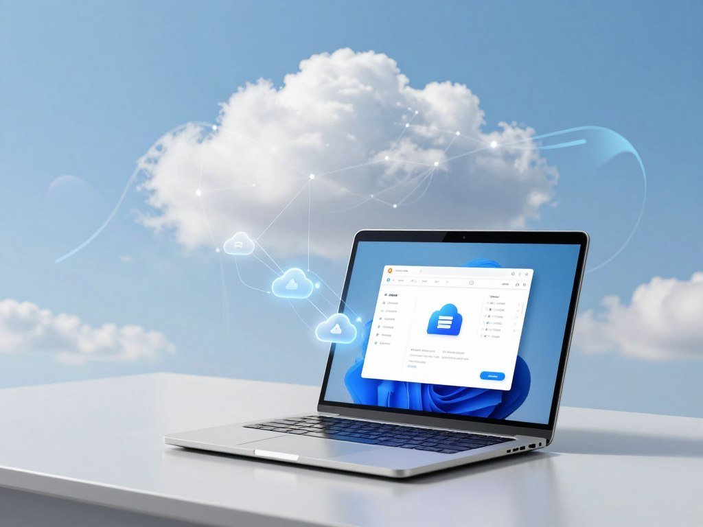 A laptop connects to remote cloud storage through the web A laptop connects to remote cloud storage through the web
