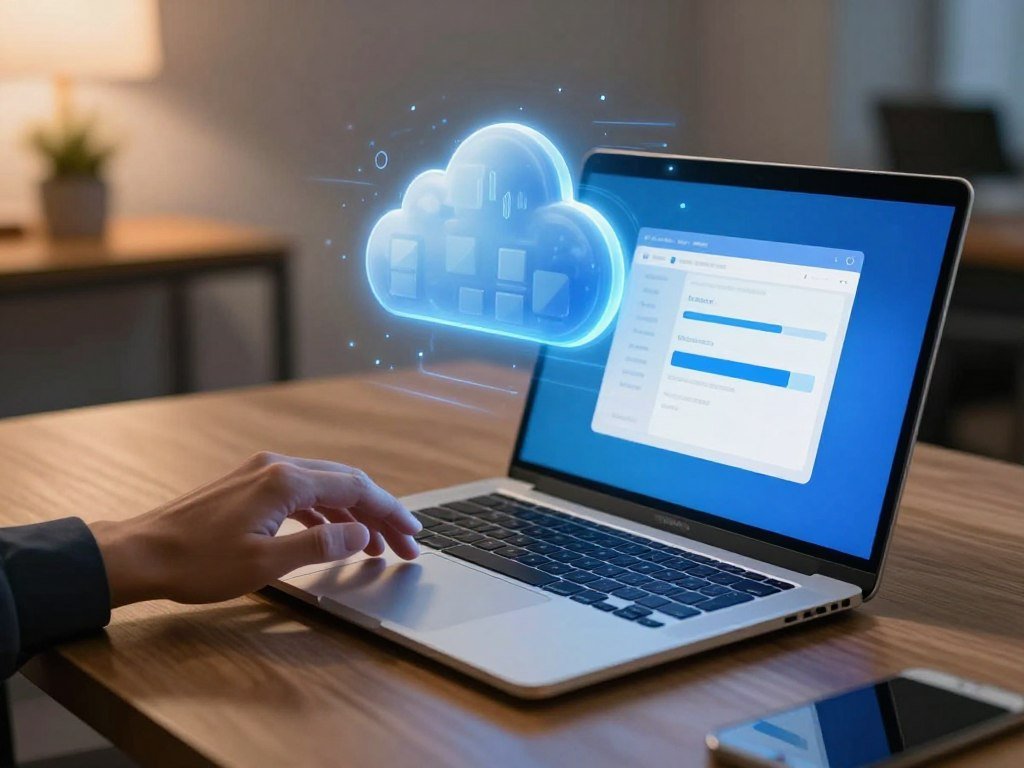 A laptop sending a file request to cloud provider servers A laptop sending a file request to cloud provider servers