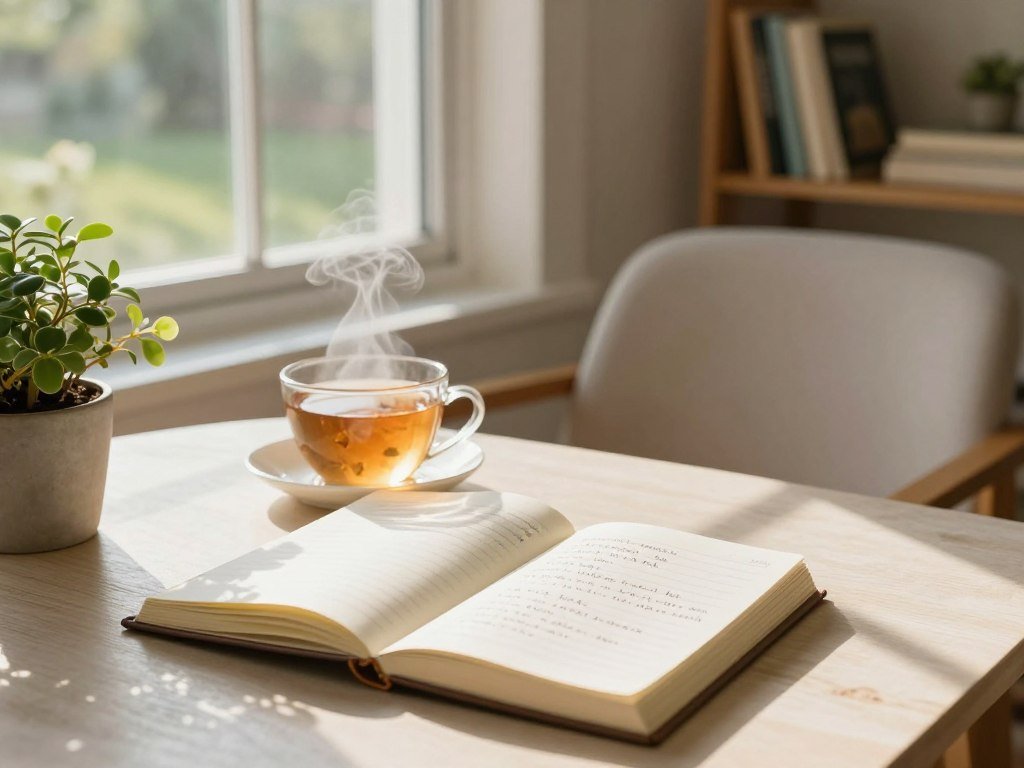 A morning routine with a journal for tracking stress and focus