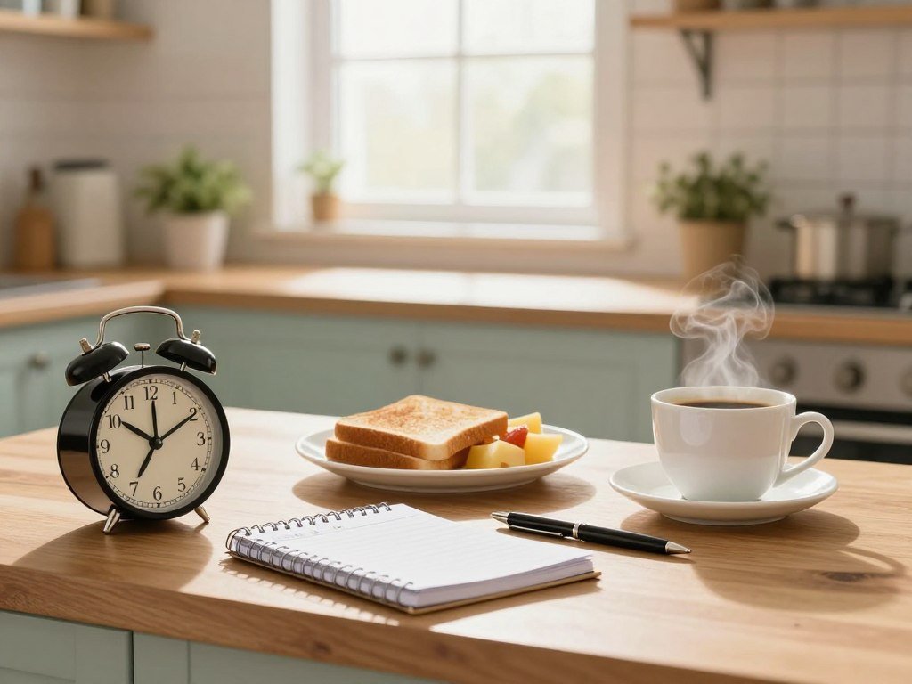 A simple morning routine laid out beside a kitchen clock