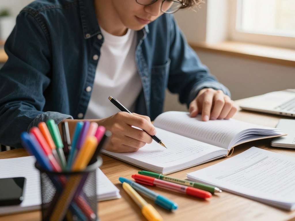 A student comparing pens for class notes and daily lists