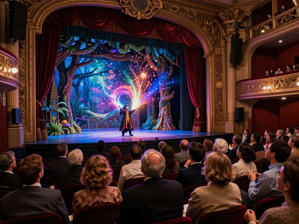 A theater audience watches a wizarding-world stage effect