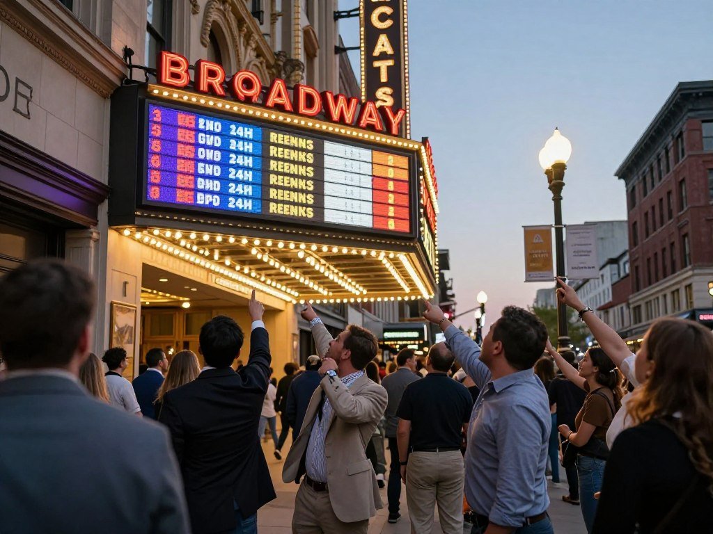 A theater marquee above a crowd comparing weekly gross rankings