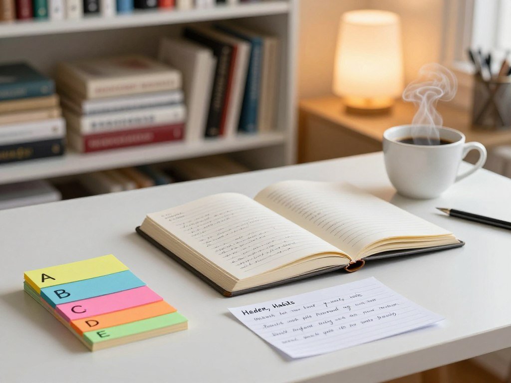 ABCDE task labels beside a reader's habit notes ABCDE task labels beside a reader's habit notes