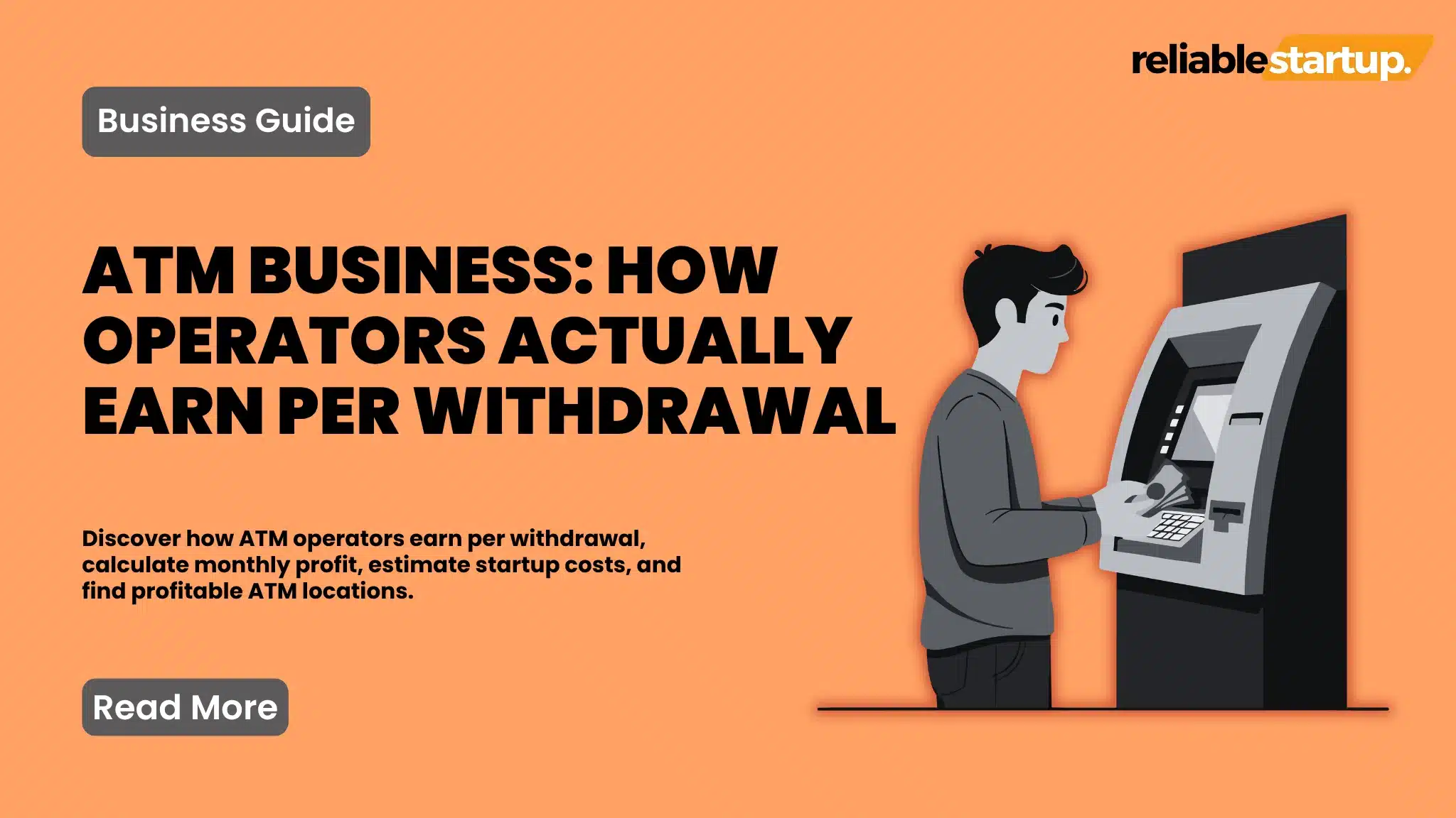 Business guide thumbnail explaining how an ATM business works, showing an illustration of a person using an ATM to withdraw cash