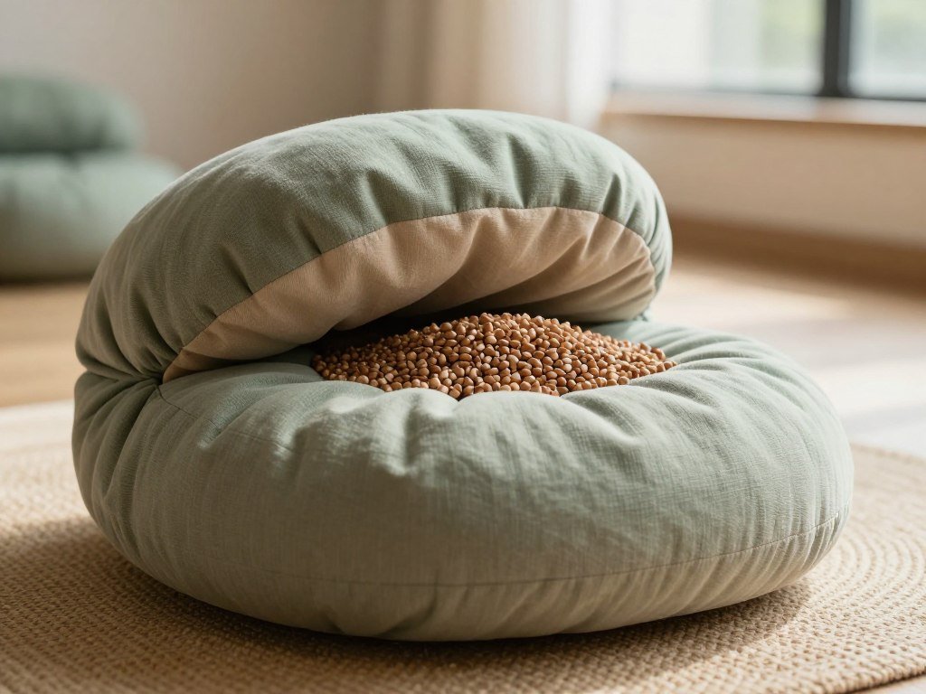 Adjustable zafu cushion showing buckwheat hulls inside Adjustable zafu cushion showing buckwheat hulls inside