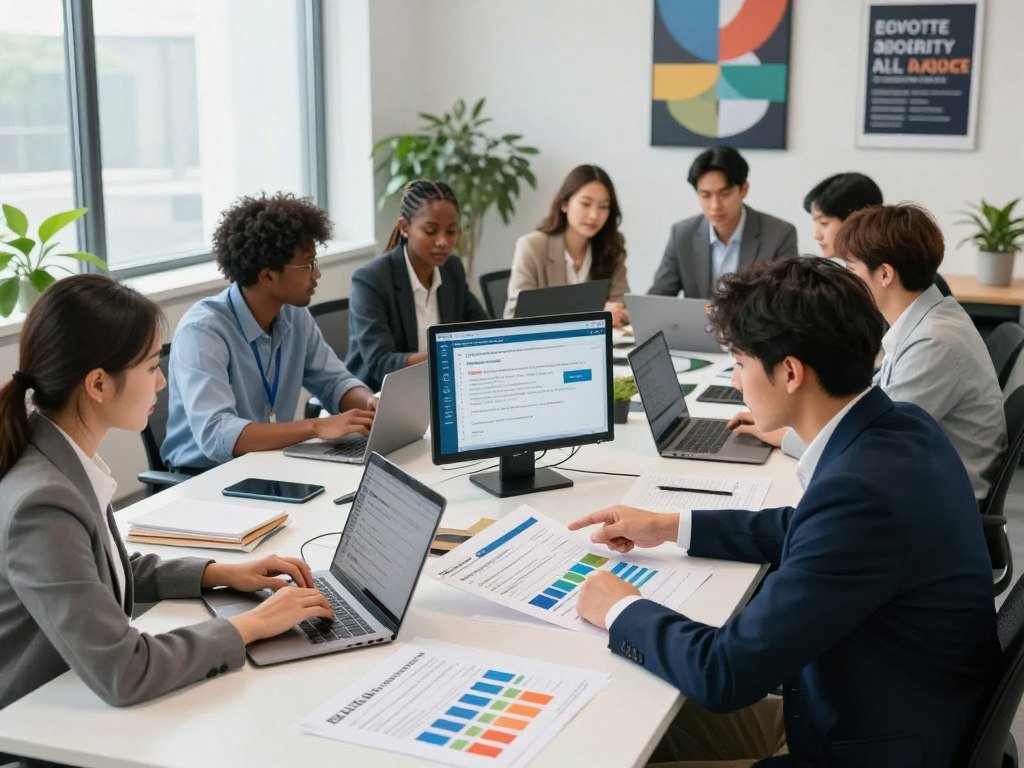 Agency team preparing branded review reports for a client Agency team preparing branded review reports for a client