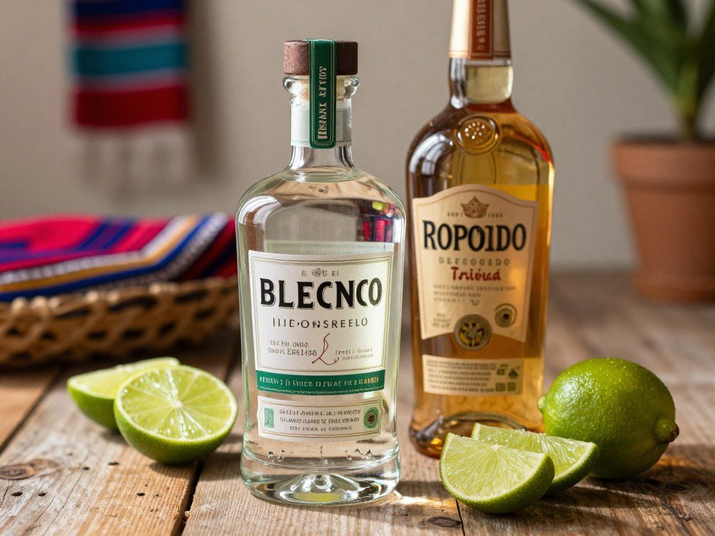 Blanco and reposado bottles beside lime for a margarita Blanco and reposado bottles beside lime for a margarita
