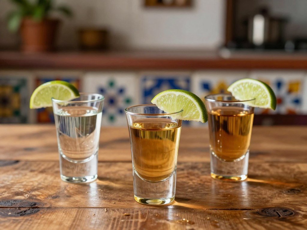 Blanco, reposado, and añejo tequila glasses with lime Blanco, reposado, and añejo tequila glasses with lime