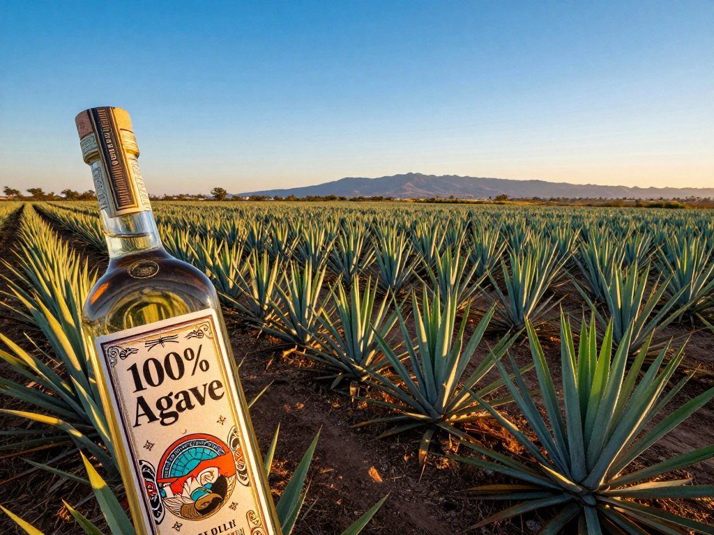 Blue agave fields and a tequila label with 100 percent agave wording Blue agave fields and a tequila label with 100 percent agave wording
