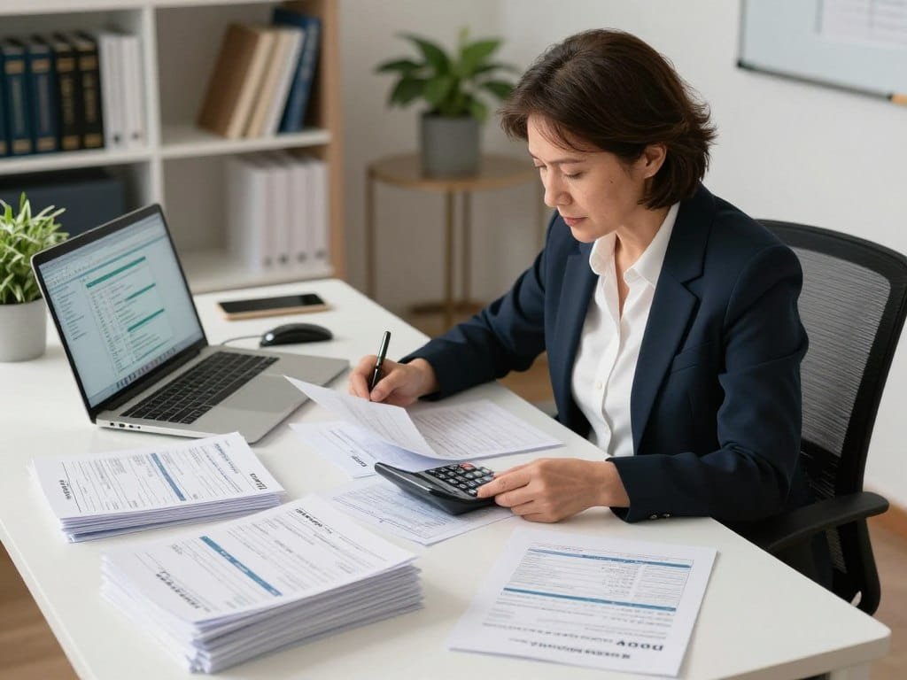 Bookkeeper reviewing accounting reports and client invoices