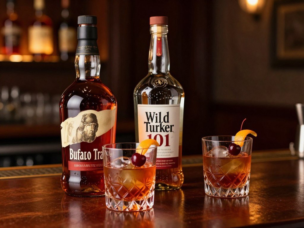 Buffalo Trace and Wild Turkey 101 beside cocktail glasses