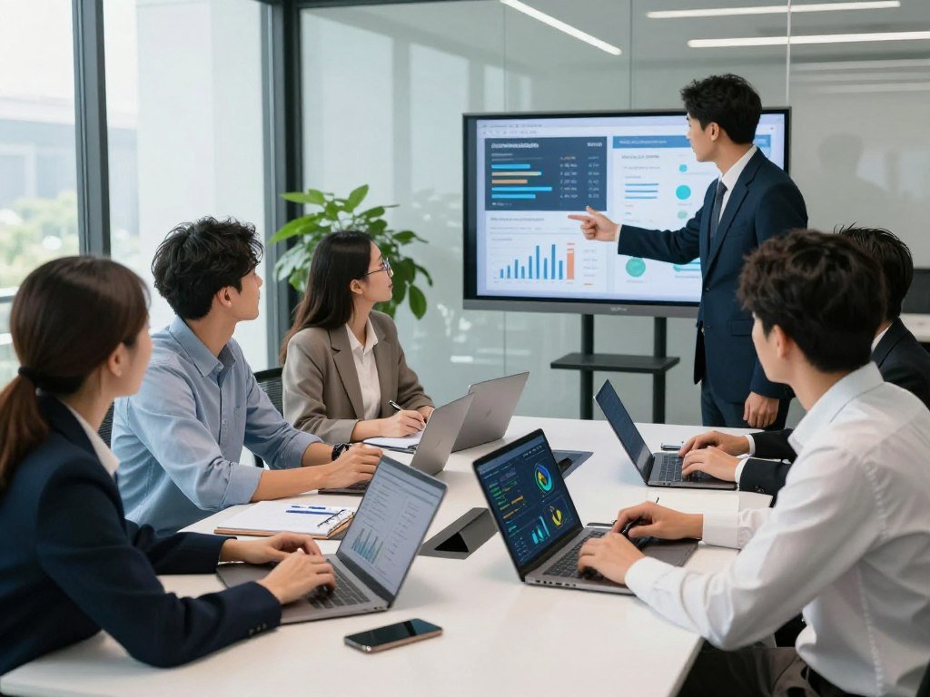 Business team using cloud software for sales and customer service Business team using cloud software for sales and customer service