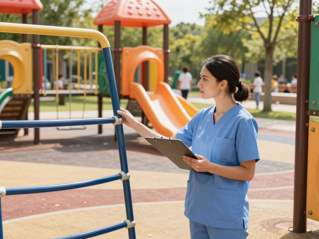 Caregiver checking playground structures and safety surfacing