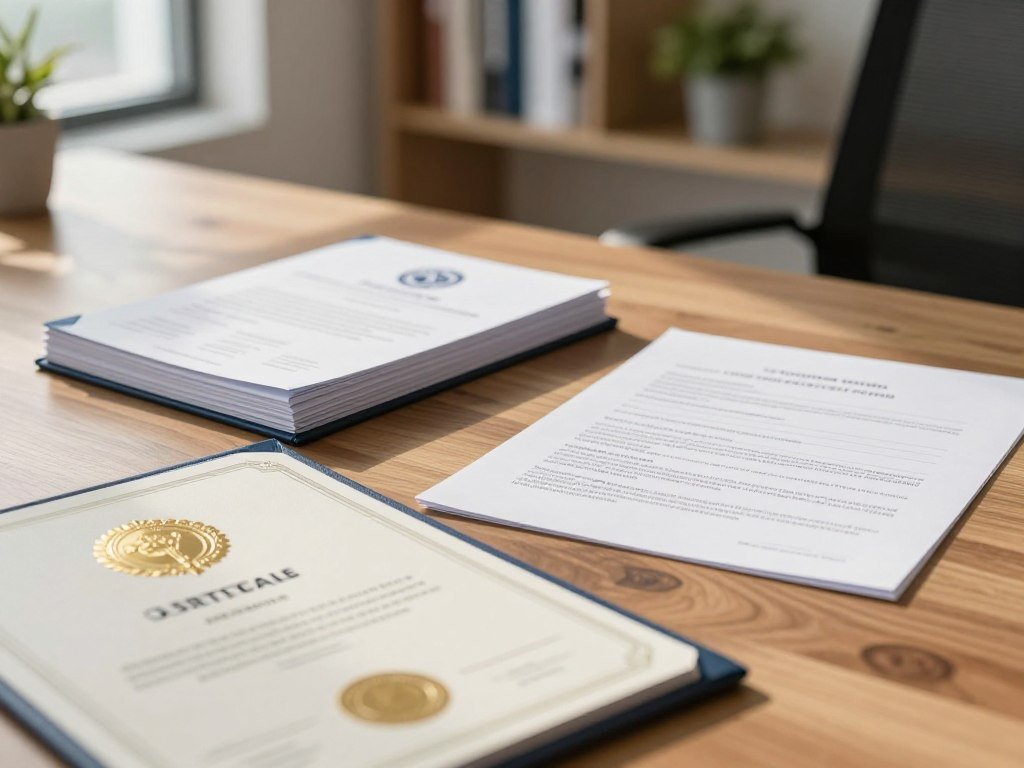 Certification exam, course certificate, and license papers on desk Certification exam, course certificate, and license papers on desk