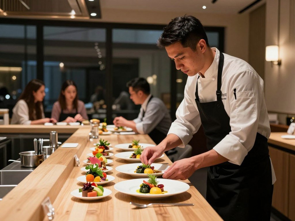 Chef serving seasonal tasting menu courses at Beckon's counter