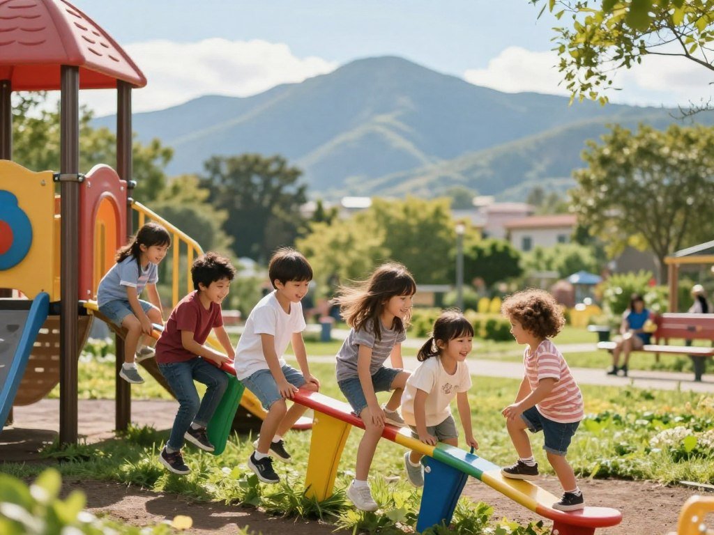 Children climbing at a Thornton park with mountain views