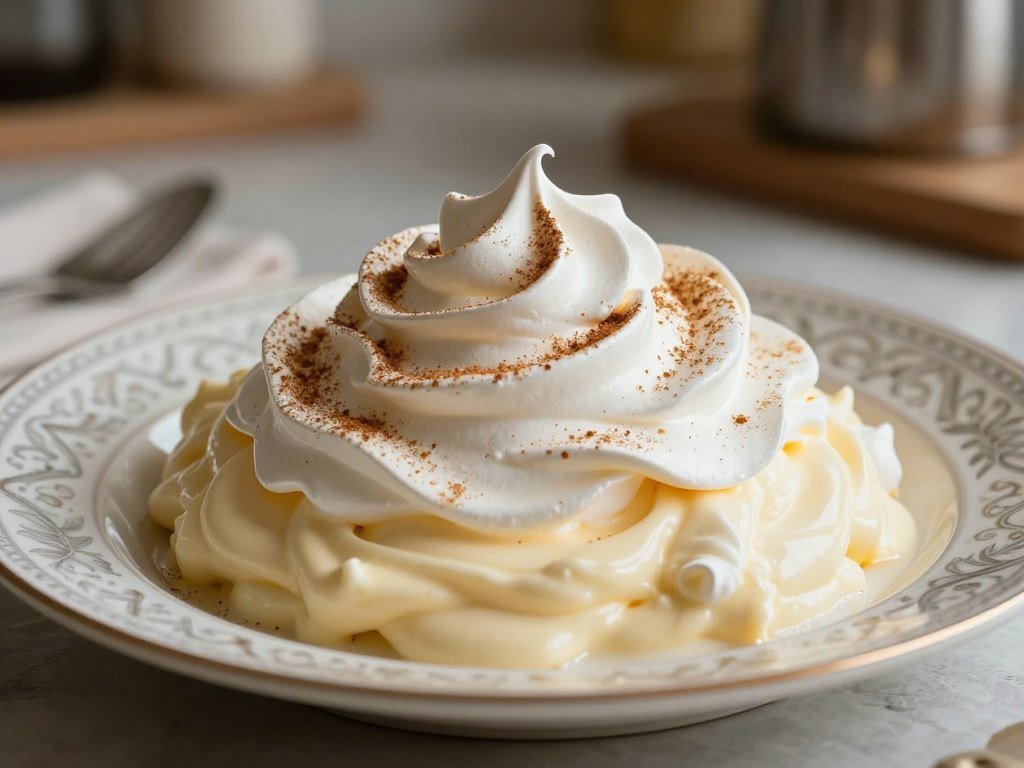Cinnamon dusted over meringue above manjar blanco