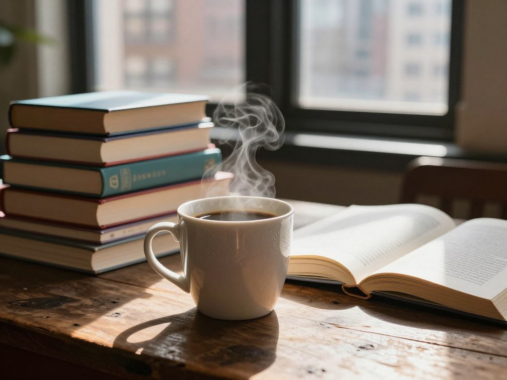 Coffee and books on a bright New York study spot table Coffee and books on a bright New York study spot table