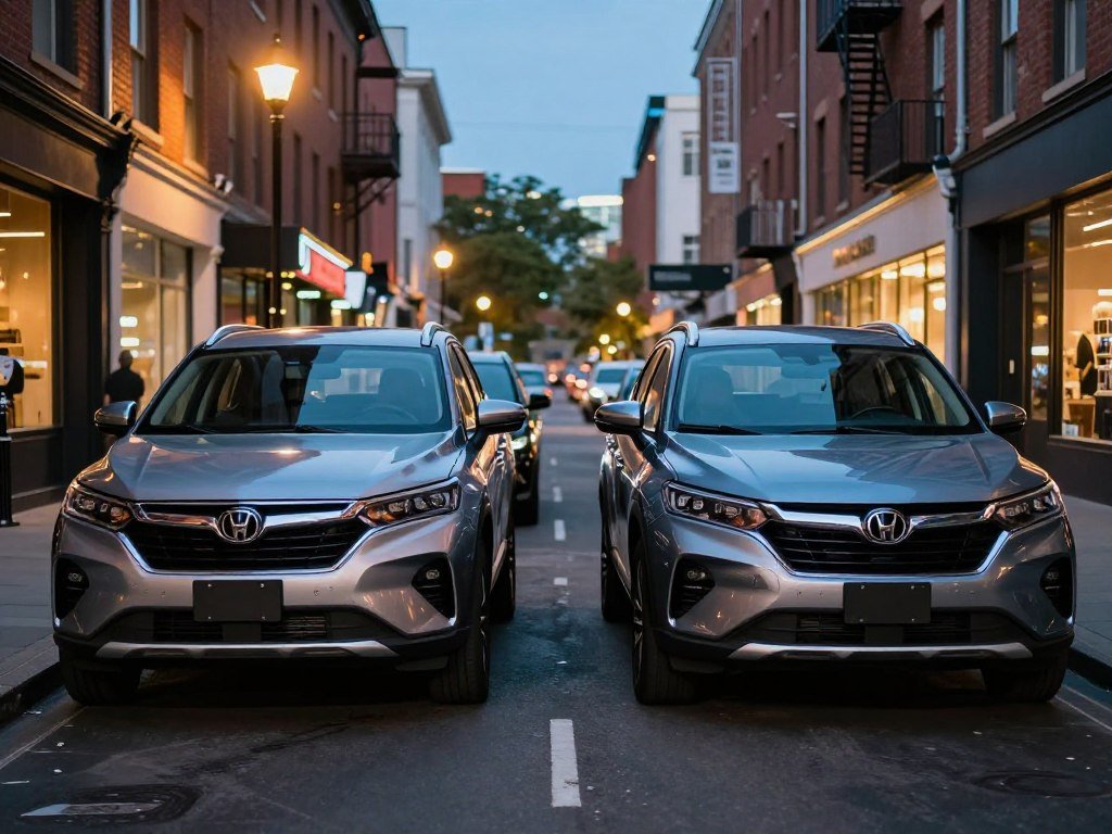 Compact SUV and subcompact SUV parked in a tight city space Compact SUV and subcompact SUV parked in a tight city space