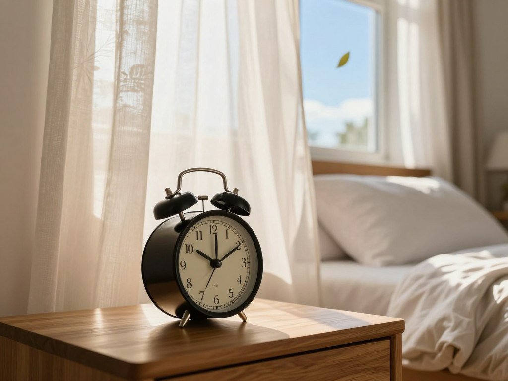Curtains open to morning light beside a ringing alarm