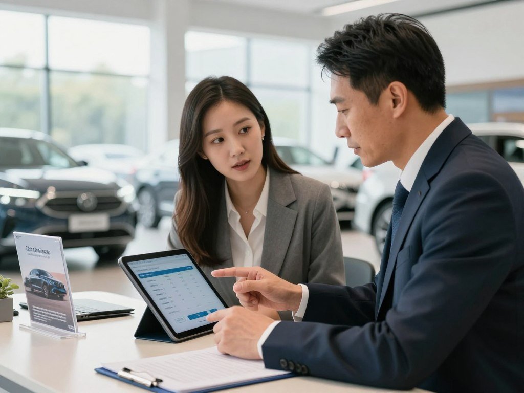 Dealer reviewing a zero-down lease offer with a customer Dealer reviewing a zero-down lease offer with a customer