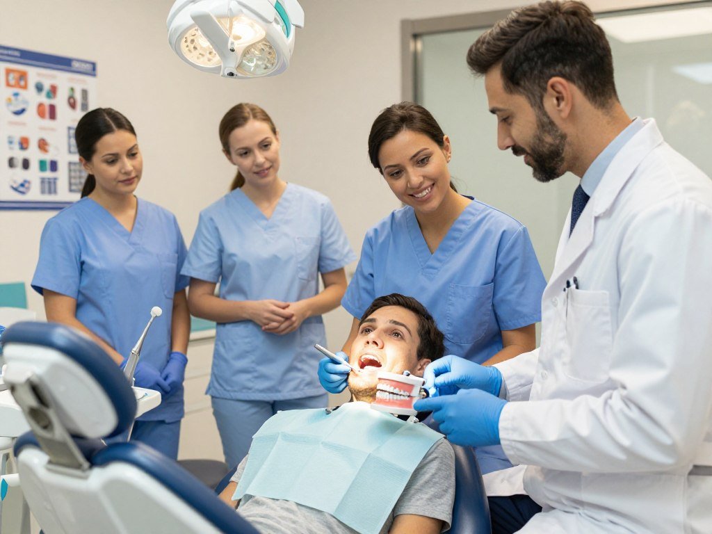 Dental staff explaining a visit and answering patient questions