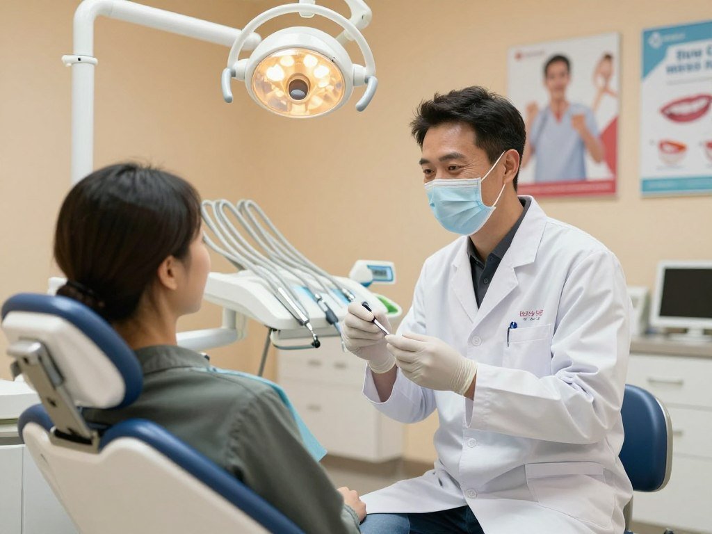 Dentist discussing whitening and tooth repair services with a patient