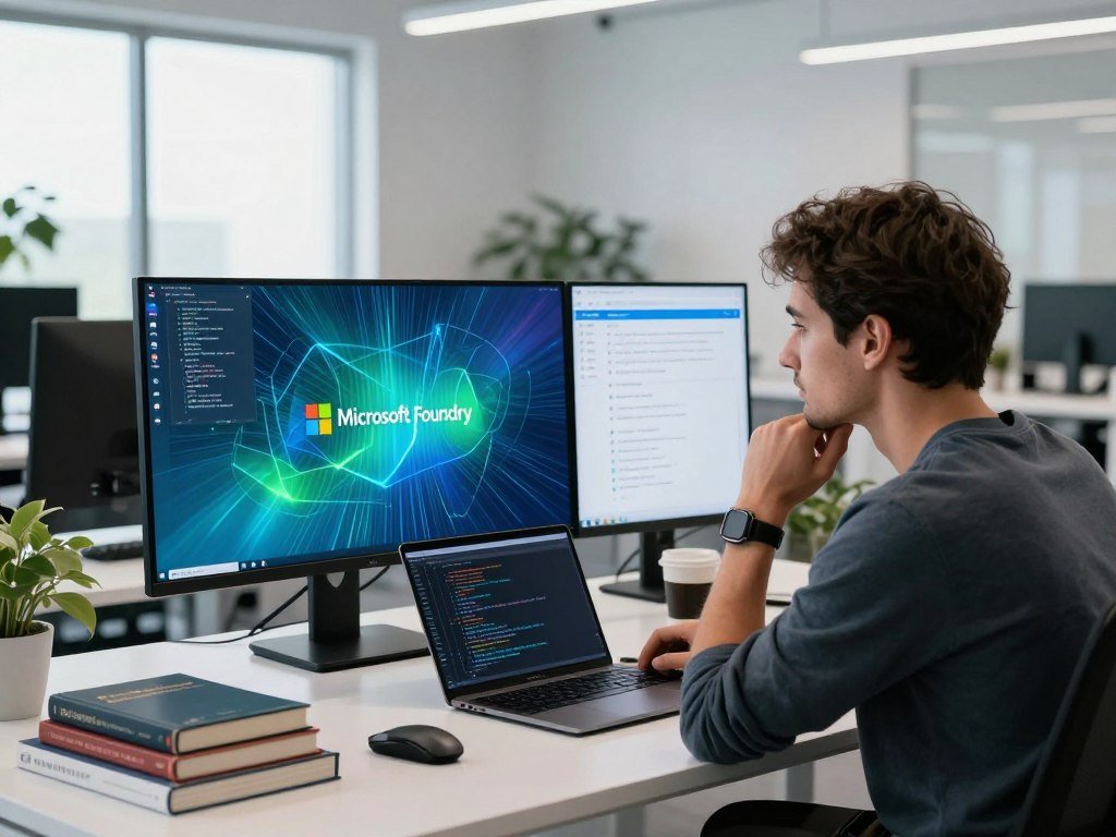 Developer reviewing Azure Studio and Microsoft Foundry names Developer reviewing Azure Studio and Microsoft Foundry names