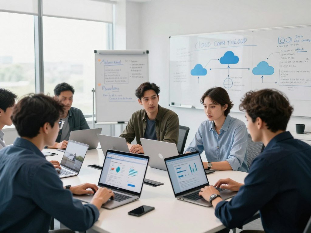 Developers comparing cloud service options for an application Developers comparing cloud service options for an application