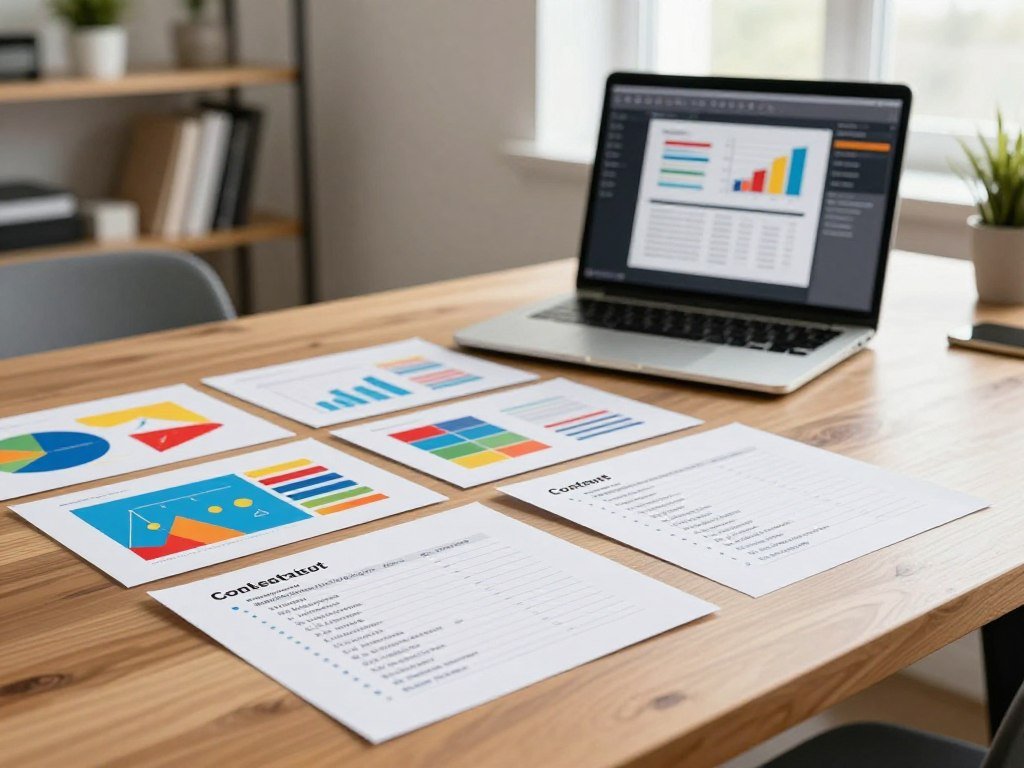 Draft presentation slides arranged beside a content checklist Draft presentation slides arranged beside a content checklist