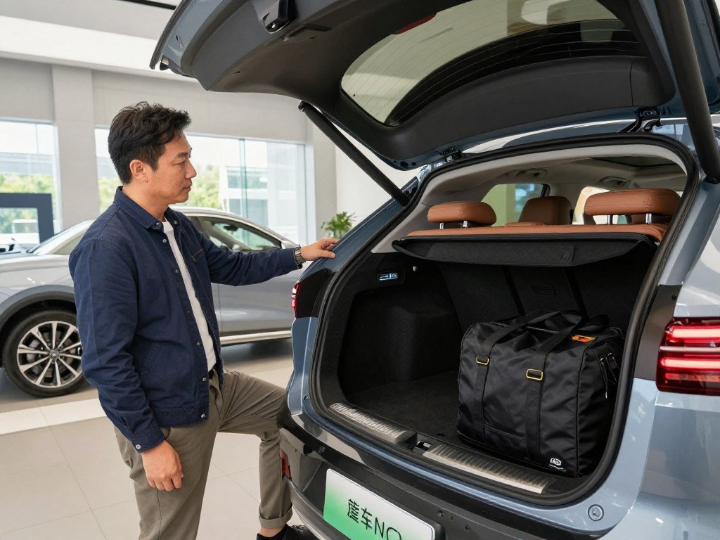Driver checking SUV comfort and cargo space before a test Driver checking SUV comfort and cargo space before a test