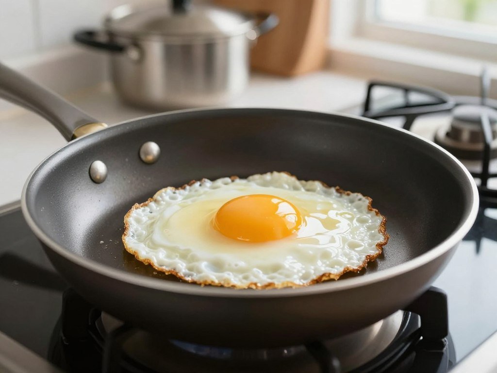 Egg cooking in a pan during cookware testing Egg cooking in a pan during cookware testing